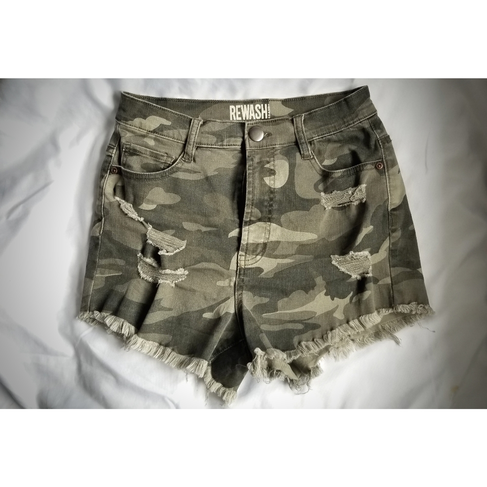 Distressed High Waisted Camo Shorts